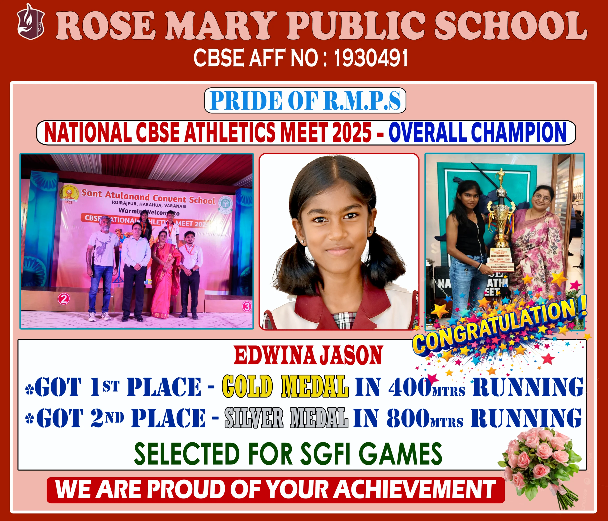 Read more about the article EDWINA JASON of CLASS XI – won GOLD MEDAL in 400 mtrs & SILVER MEDAL in 800 mtrs at NATIONAL CBSE ATHLETICS MEET 2025