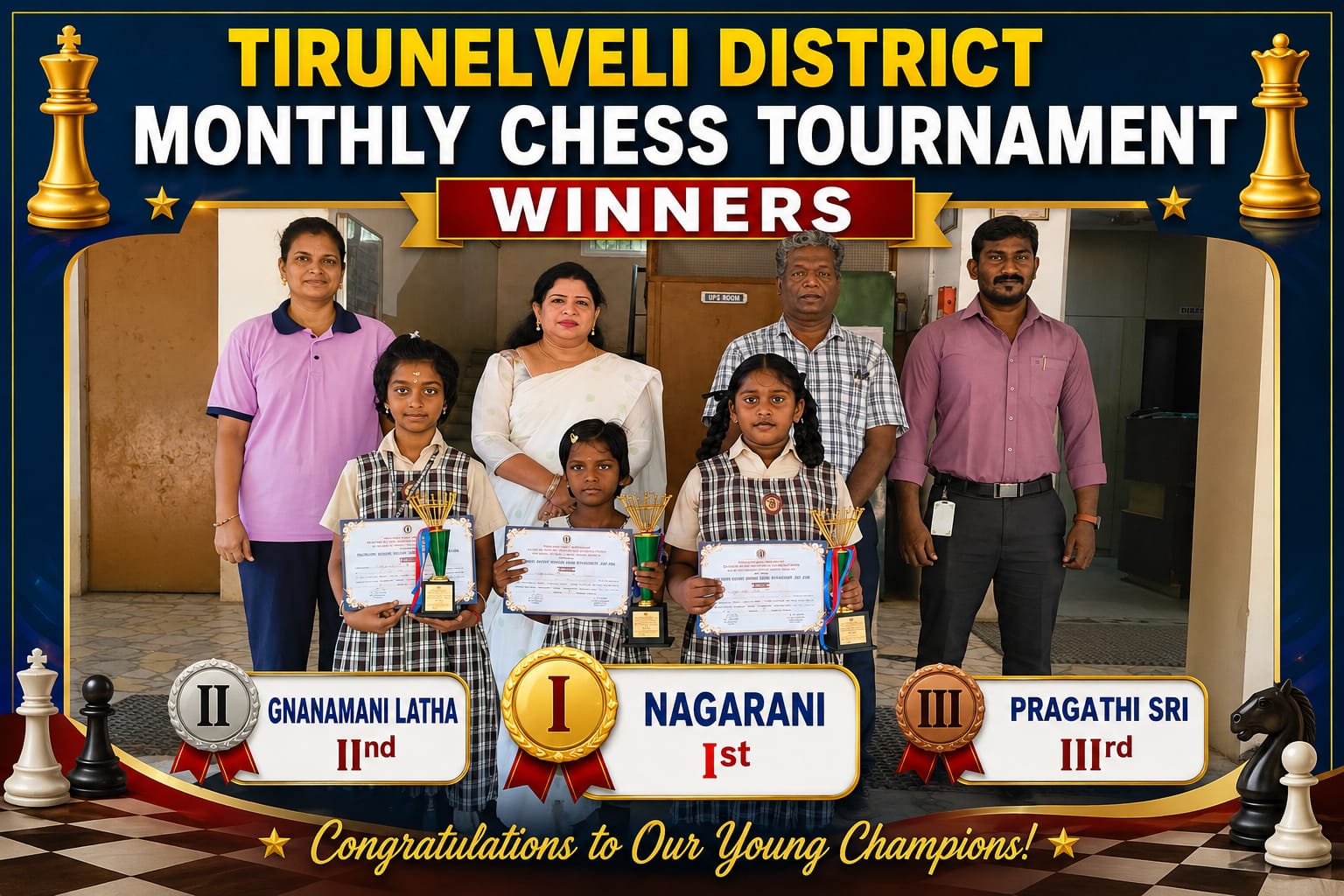 You are currently viewing TIRUNELVELI DISTRICT MONTHLY CHESS TOURNAMENT – Winners- Nagarani-I, Gnanamani Latha-II, Pragathi Sri-III