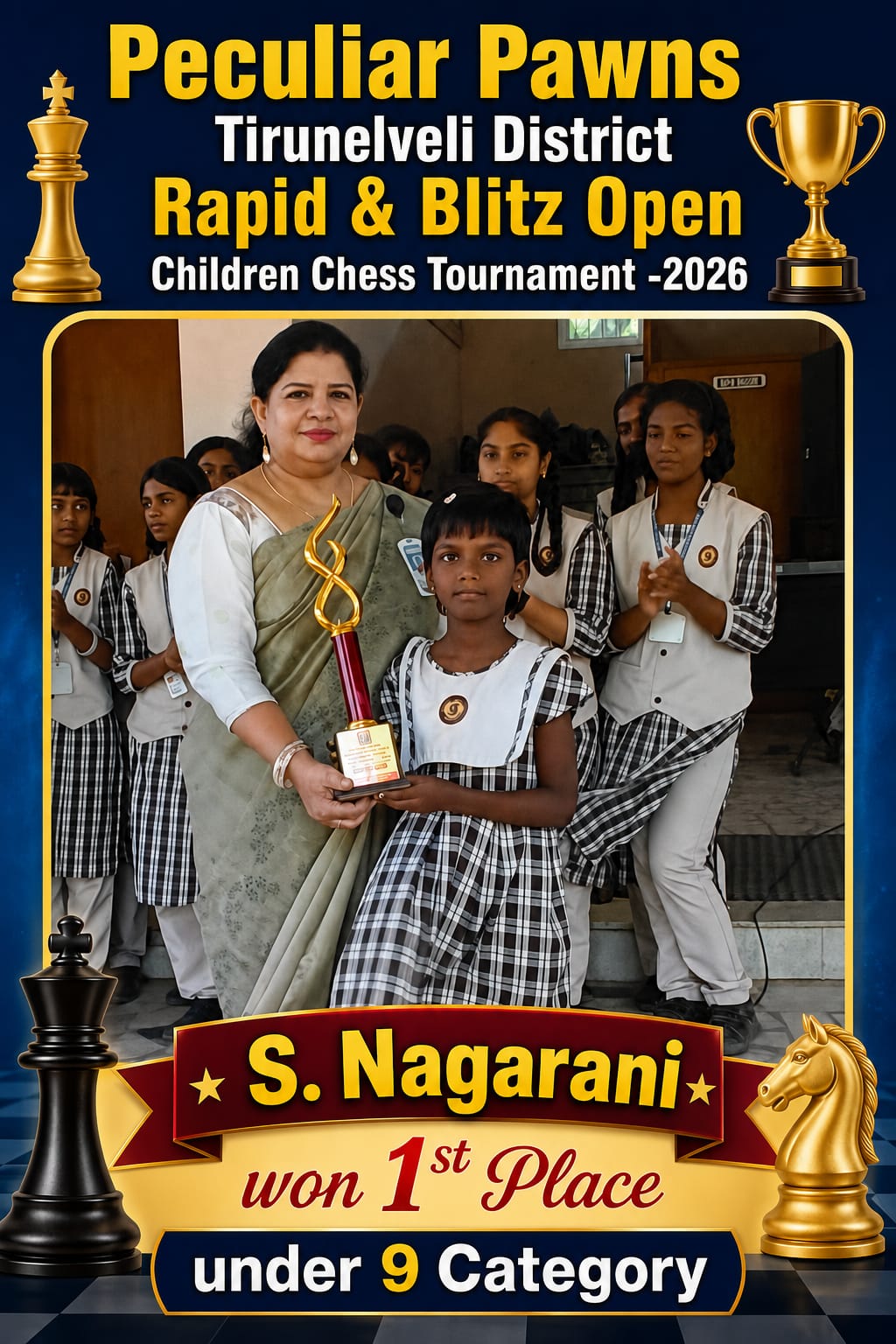 You are currently viewing PECULIAR PAWNS TIRUNELVELI DISTRICT RAPID & BLITZ OPEN CHILDREN CHESS TOURNAMENT -2026 – S. NAGARANI won 1st place under 9 category