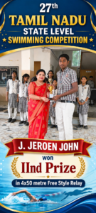 Read more about the article 27th TAMILNADU STATE LEVEL SWIMMING COMPETITION – J. JEROEN JOHN won IInd Prize in 4×50 metre Free Style Relay