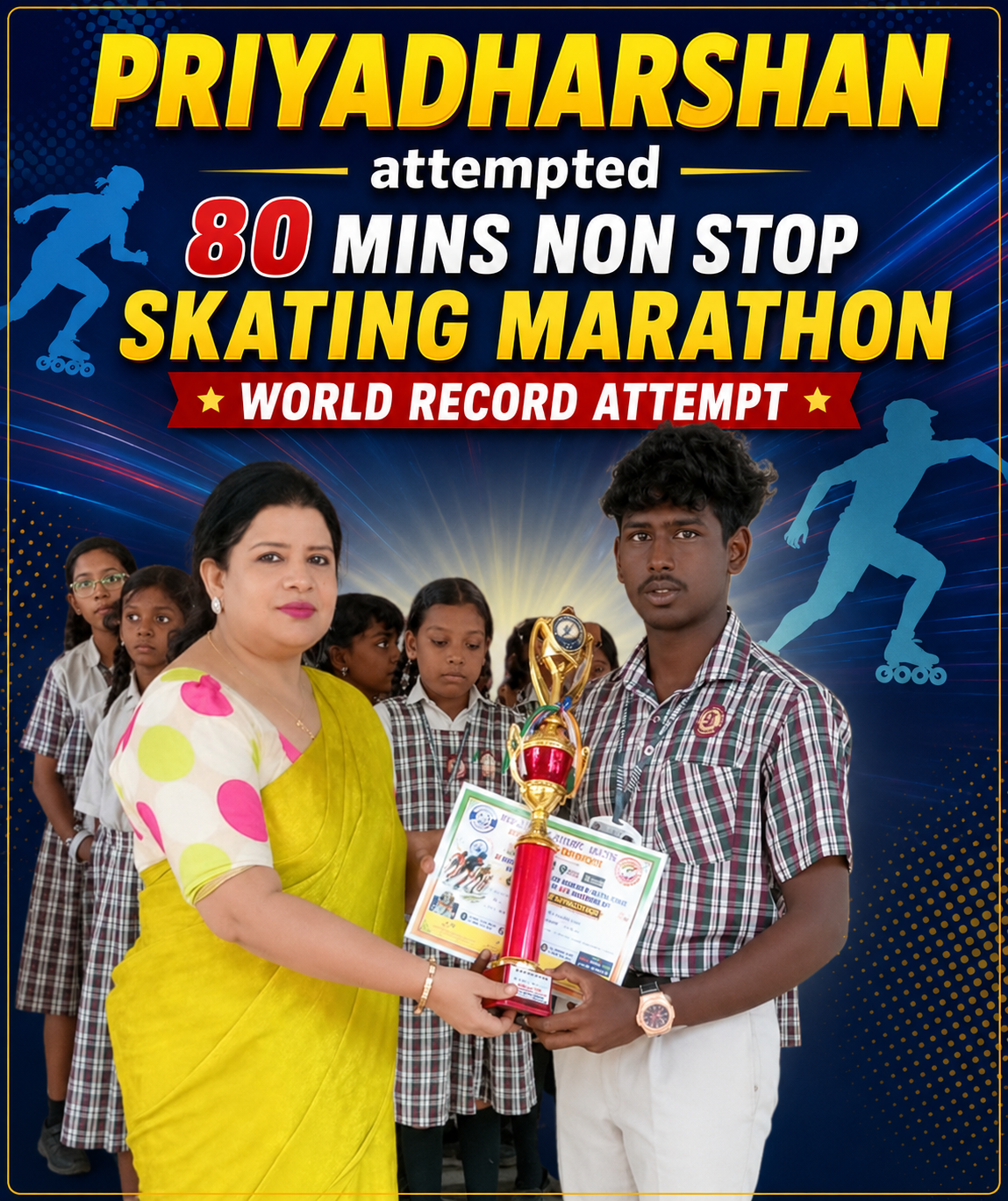 Read more about the article PRIYADHARSHAN Attempted 80 MINS NON STOP SKATING MARATHON WORLD RECORD ATTEMPT