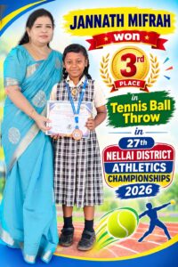 Read more about the article JANNATH MIFRAH won 3rd Place in Tennis Ball Throw in 27th NELLAI DISTRICT ATHLETICS CHAMPIONSHIPS 2026