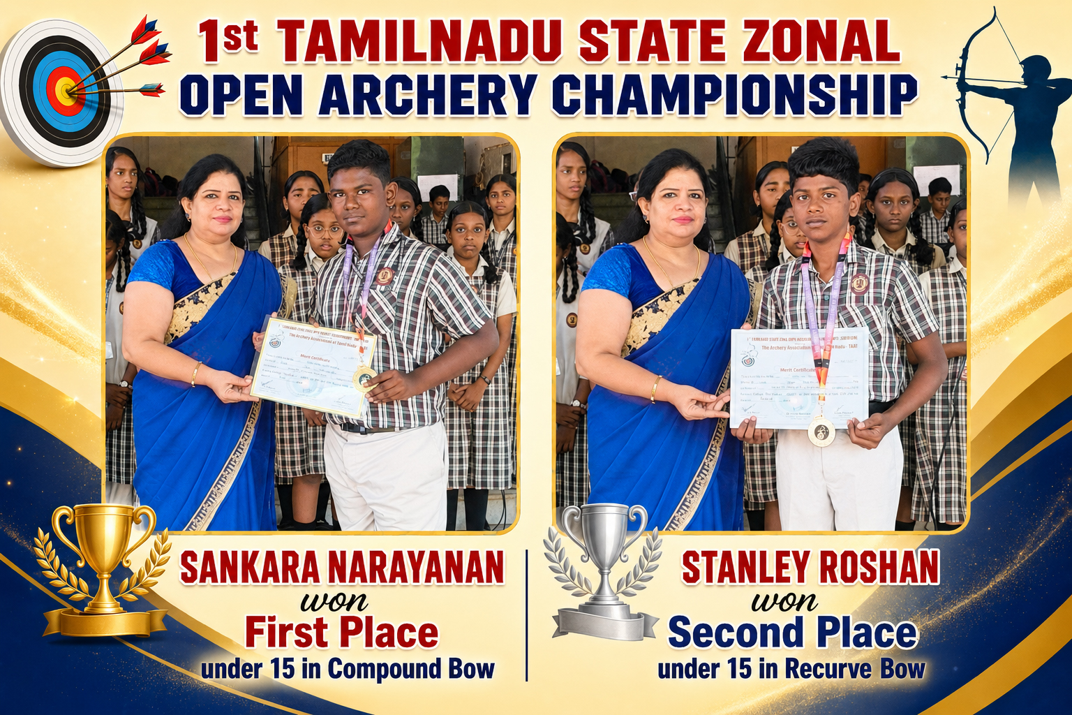 You are currently viewing 1st Tamil Nadu State Zonal Open Archery Championship- Sankara Narayanan won First Place under 15 in Compound Bow & Stanley Roshan won Second Place under 15 in Recurve Bow