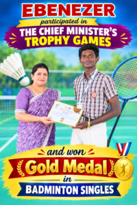 Read more about the article EBENEZER participated in THE CHIEF MINISTER’S TROPHY GAMES-2026 and won Gold Medal in Badminton Singles